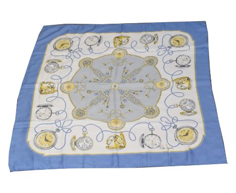 A vintage Rolex silk scarf, depicting various watches and movements on a white and blue ground.