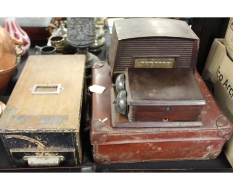 The Empire typewriter, housed in a brown leather case, Murphy radio, GPO style telephone bell, shop till (4)