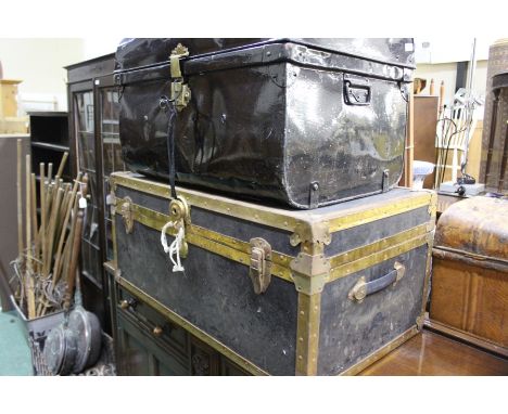 R. Perry Son &amp; Co. Steel metal trunk, painted black, "R.H. Harris" to the top, 71cm wide, together with a further trunk, 