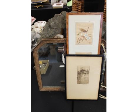 Case metal frame with foliate decoration, oak framed mirror, oak framed picture of a child, etching, framed set of three Orie