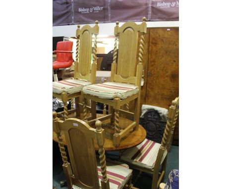 Set of six light oak dining chairs, on barley twist and square legs, with seat covers (6)