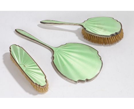 Silver and guilloche enamel vanity set, Birmingham 1931, Adie Brothers Ltd, with pale green guilloche enamel backs to the mir