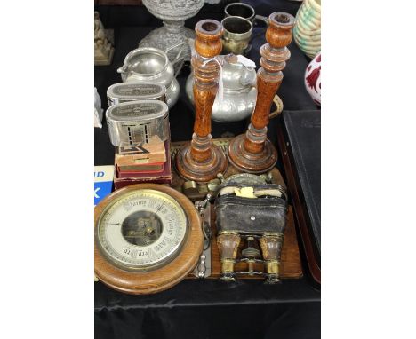 Works of art to include carved wooden pipe rack with brass plate inscribed "smoke and be happy", barometer, tie press pair of