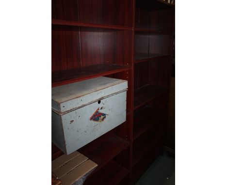 Pair of 20th Century mahogany bookcases, with six shelves, in dark red, 75.5cm wide, together with a small metal trunk (3) 