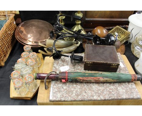 Works of art to include pair of brass ecclesiastical style candlesticks,copper warming pan, two skillets, horse brasses, ligh