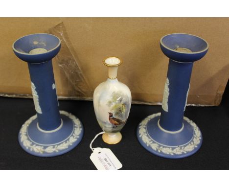 Pair of Wedgwood blue dip candlesticks with classical figural decoration, Royal Worcester vase decorated with a pheasant (3)