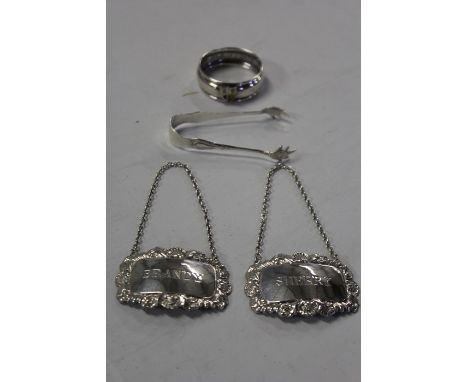 Pair of silver decanter labels, Birmingham 1963/64, maker Hampton Utilities, brandy and sherry, pair of silver sugar tongs, s