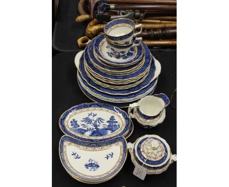 Royal Doulton Booths "Real Old Willow" pattern blue and white part dinner and tea service, to include two tea cups and saucer