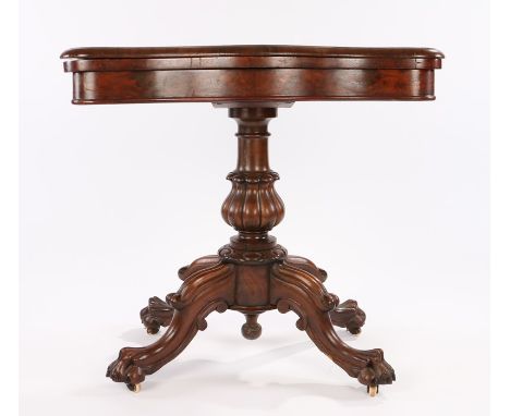 Victorian walnut card table the shaped folding top with circular green baize interior, raised on a bulbous gadroon carved ste