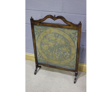 19th Century mahogany framed embroidered firescreen, with foliate scroll and leaves decoration, in the manner of William Morr