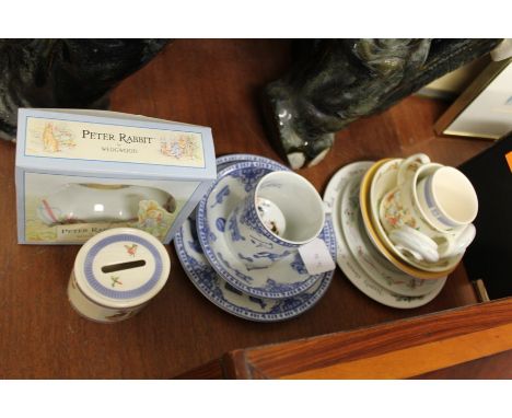 Pottery model of an elephant, Wedgwood Peter Rabbit bowl, Spode Edwardian Childhood plate, bowl and cup, Royal Doulton Carnat