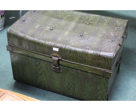 Tin trunk with green wood effect exterior and brass lock, 71.5cm wide