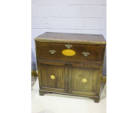 George III mahogany and inlaid secretaire chest, the rectangular top above a shell inlaid secretaire drawer enclosing a serie