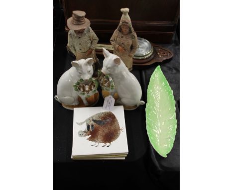 Pair of porcelain pigs, each holding a basket of piglets in it's mouth, pair of porcelain figures, Carlton ware leaf shaped d