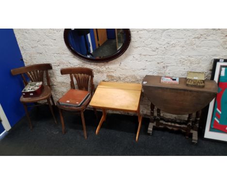 2 BENTWOOD CHAIRS, DROP LEAF TABLE AND DESK 