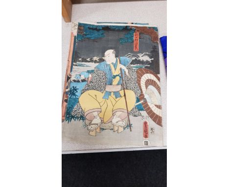 2 ORIENTAL WOOD BLOCK PRINTS AND WATERCOLOUR