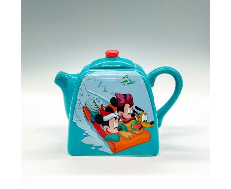 Blue serving pot with a depiction of Mickey, Minnie and Pluto on a sled. Disney backstamp. Dimensions: 7.5"L x 3.5"W x 5.5"HM