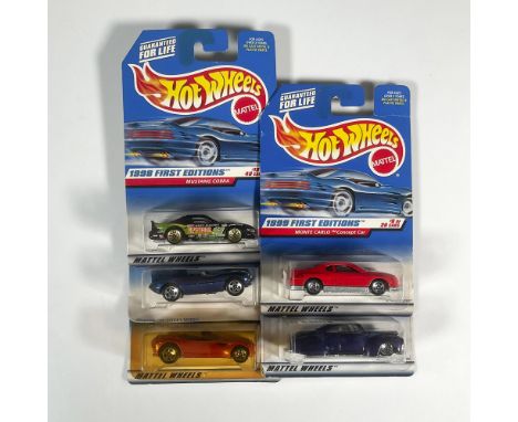 A set of 5 1st Edition Hot Wheels cars that includes the Monte Carlo Concept Car (6 of 26), the Mustang Cobra (18 of 48), the