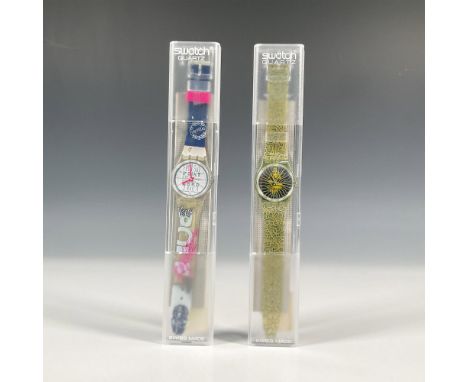Two original Swatch watches in quartz movement, both include its original hard plastic cases with folded information sheets i