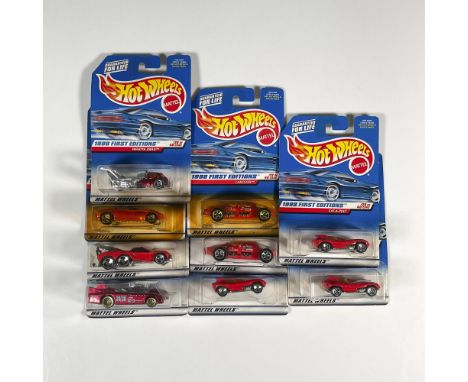 A set of 9 Hot Wheels cars that includes 3 units of the Cat-A-Pult (38 of 40), 2 units of the Lakester (12 of 40), the Whatta