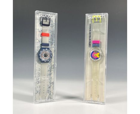 Collection of two Swatch watches, in original hard plastic cases with folded information sheets including Happy Wheels SAK109