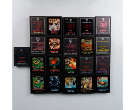 A collection of vintage combat video games of various titles with various label designs. Titles includes Star Raiders, Missil