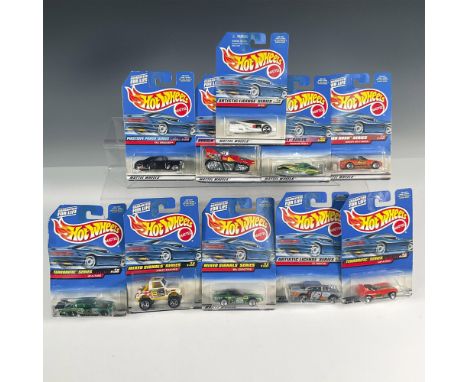 A compilation of 10 Hot Wheels cars comprising of the Street Roader (Collector #733), the Shadow Jet II (Collector #942), the