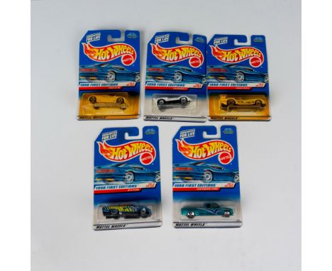 A set of 5 Hot Wheels toy cars from the 1998 first edition line that consists of the At-A-Tude (34 of 40), the Panoz GTR-1 (1