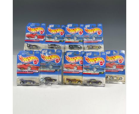 A set of 9 Hot Wheels cars, with 4 from the X-Ray Cruiser Series and 5 from the Techno Bit Series. The X-Ray Cruiser Series i