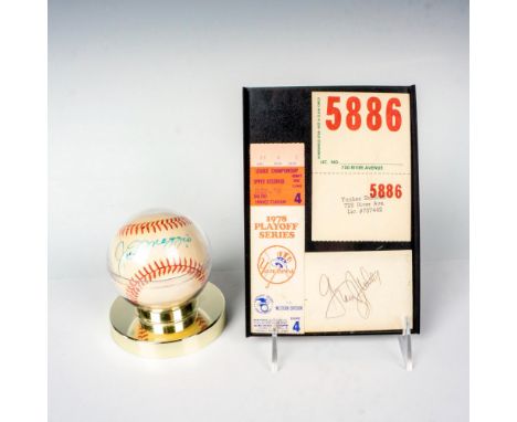 Includes an Official American League baseball signed by Joe DiMaggio and a frame including a ticket stub and windshield stub 