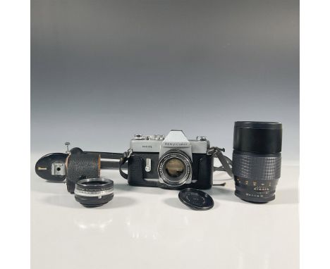 Camera includes Auto Mamiya-Sekor 1:1.8 f=55mm lens attached. Also includes Sunset flash camera bracket with cable release, K