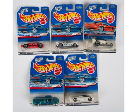 A set of 5 Hot Wheels toy cars from the 1998 first edition line that consists of the Hot Seat (13 of 48), the Lakester (12 of