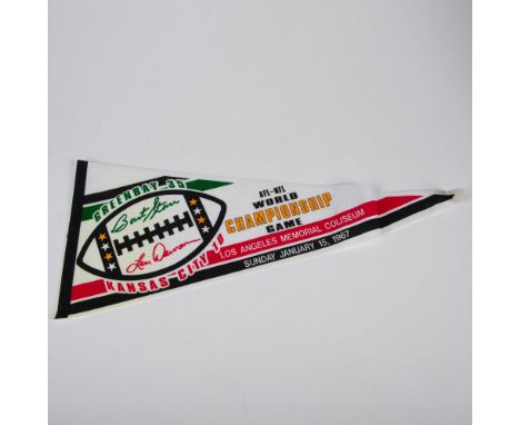 A set of 3 mini football flags, 2 celebrate the victory of the Green Bay Packers against Kansas City in the first Superbowl w