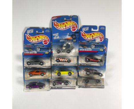 A set of 10 Hot Wheel cars consisting of the Nissan 300ZX (Collector #506), Twin Mill II (Collector #783), the Skullrider (Co