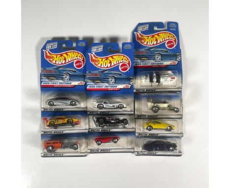 A set of 10 Hot Wheels cars that includes the 1997 first edition Way 2 Fast (7 of 12) with the rest being part of the 1998 fi