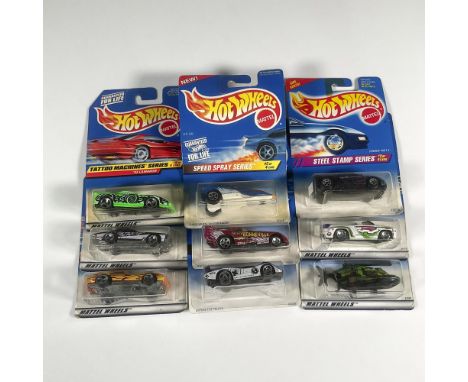 A set of 9 Hot Wheels cars from multiple collection series that includes the Zender Fact 4 (Collector #287), Dodge Sidewinder