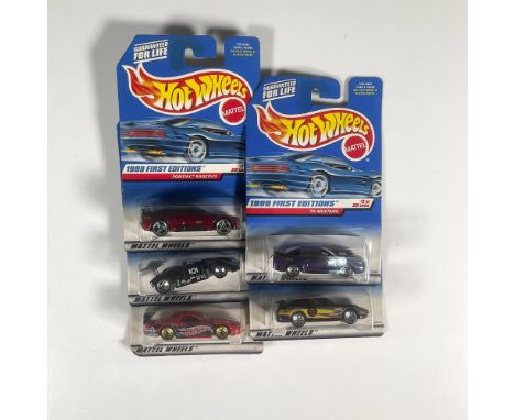 A set of 5 Hot Wheels toy cars that consist of the Shadow Mk lla (20 of 26), Porsche 911 GT3 Cup (10 of 26), Pontiac Rageous 