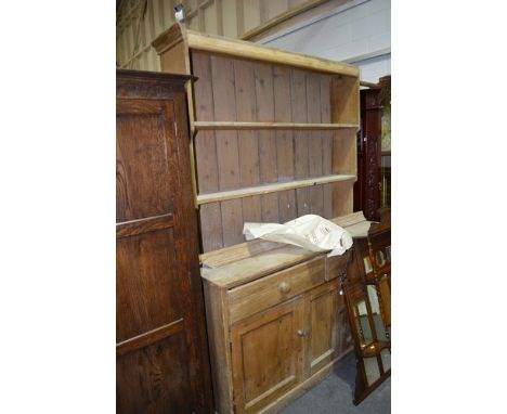 Old pine kitchen dresser, two shelf delft rack, fitted with two drawers over three doors, width 153cm, height 215cm.