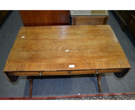 Mahogany satinwood and rosewood sofa table, probably late 19th Century, D shape leaves, crossbanding and stringing, fitted wi