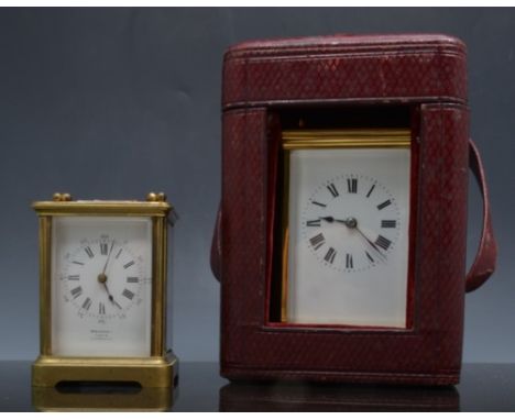 French lacquered brass carriage clock, white enamel dial, platform escapement, striking on a gong, 13cm in a morocco case and