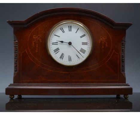 Edwardian inlaid mahogany mantel clock, domed top, white enamel dial, cylinder movement, width 36cm.