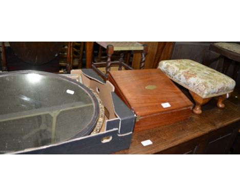 Stained wood slope front writing box, width 30cm, a foot stool and three wall mirrors (5).