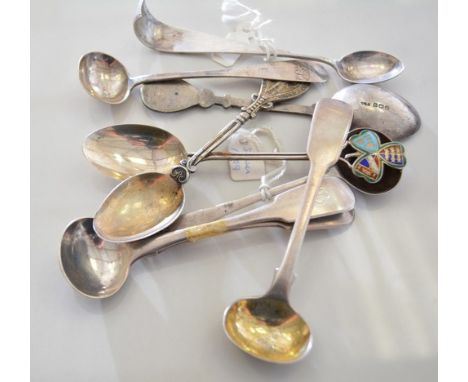 George III silver punch ladle bowl, London 1802, set with a coin, 1787, another ladle, silver cutlery and other cutlery.