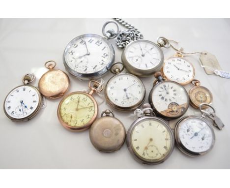 Chrome plated Goliath pocket watch, enamel dial, keyless lever movement 7cm, a 14k gold fob watch, collection of pocket watch
