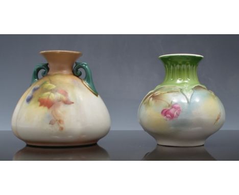 Royal Worcester posy vase, date mark for 1908, decorated with roses and buds, H306, 8cm and a Hadley's Worcester two handled 