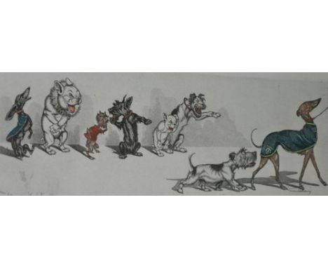 After Daniel O'Kline,  four humerous prints on a dog theme, titled in French, 14cm x 45cm and four prints after Helen Bradley