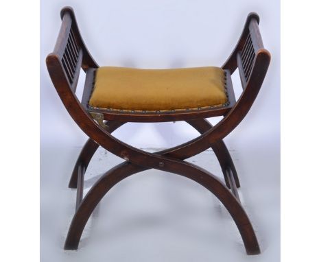 Edwardian stained walnut folding stool, upholstered seat, X framed, width 61cm.