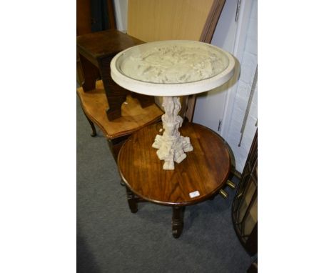 Oak folding occasional table, circular top, diameter 56cm, an oak stool, walnut coffee table and a resin Chinese style pedest