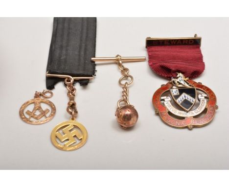 9ct gold Masonic fob, another hallmarked gold fob on a ribbon strap, a rose metal sphere fob and a silver gilt and enamel bad