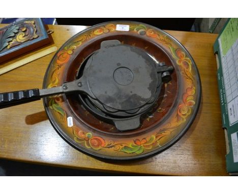 Norwegian iron griddle, Scandinavian style beechwood wash board, a beechwood dolly stick and a Scandinavian shallow bowl (4).